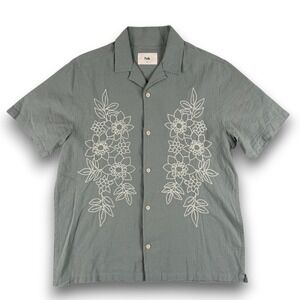 Folk Shirt Mens M Green Floral Embroidered Linen Short Sleeve Button Down